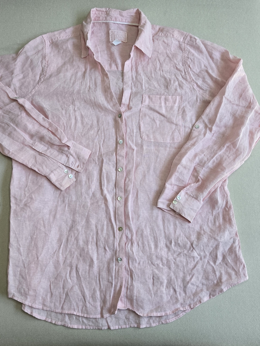 Sigrid Olsen 100% Linen Button Up Tunic Shirt Roll Sleeves Light Pink Large